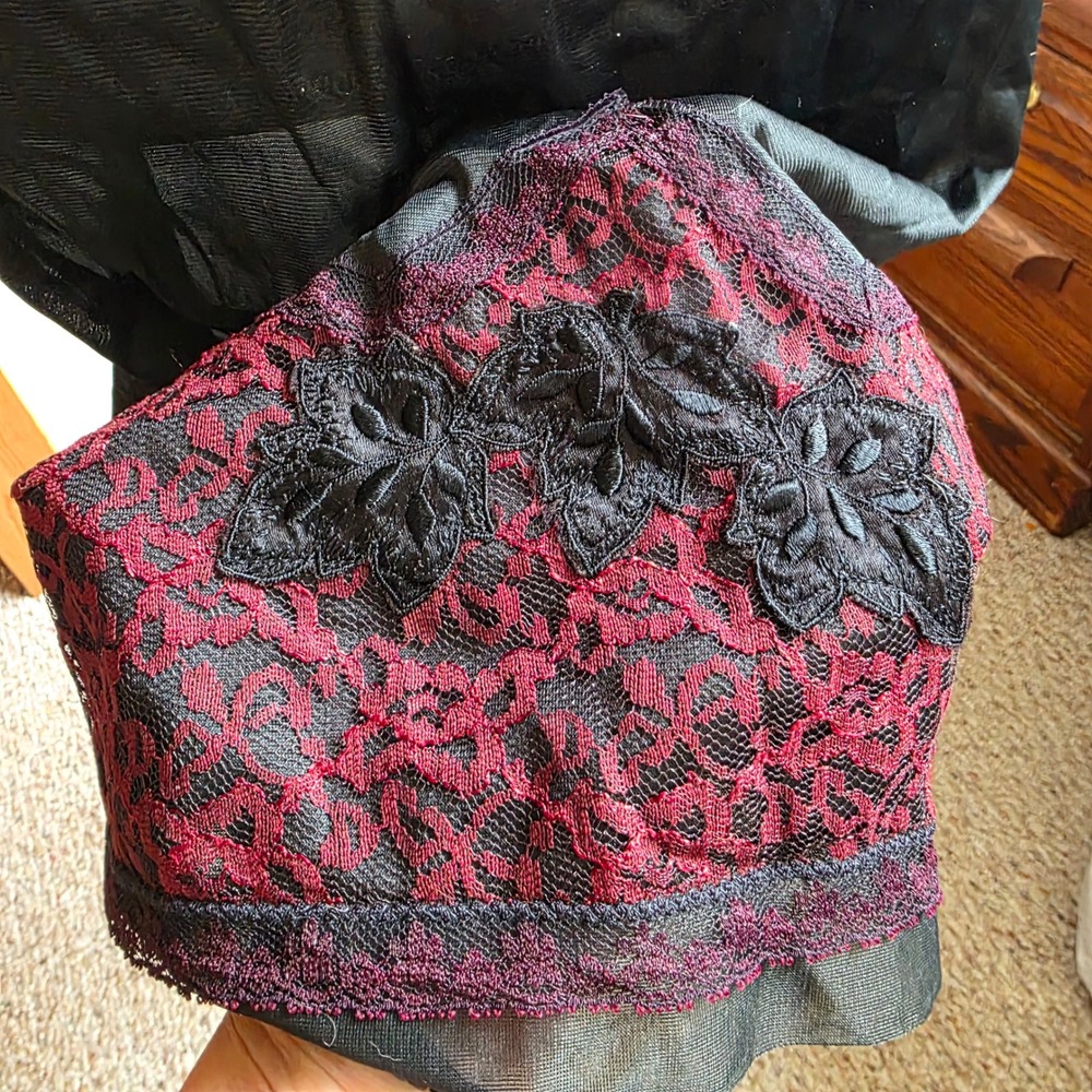 Vintage Movie Star Black Nylon Lace Half Slip Skirt Vamp Goth Y2K Coquette USA M - Picture 2 of 8